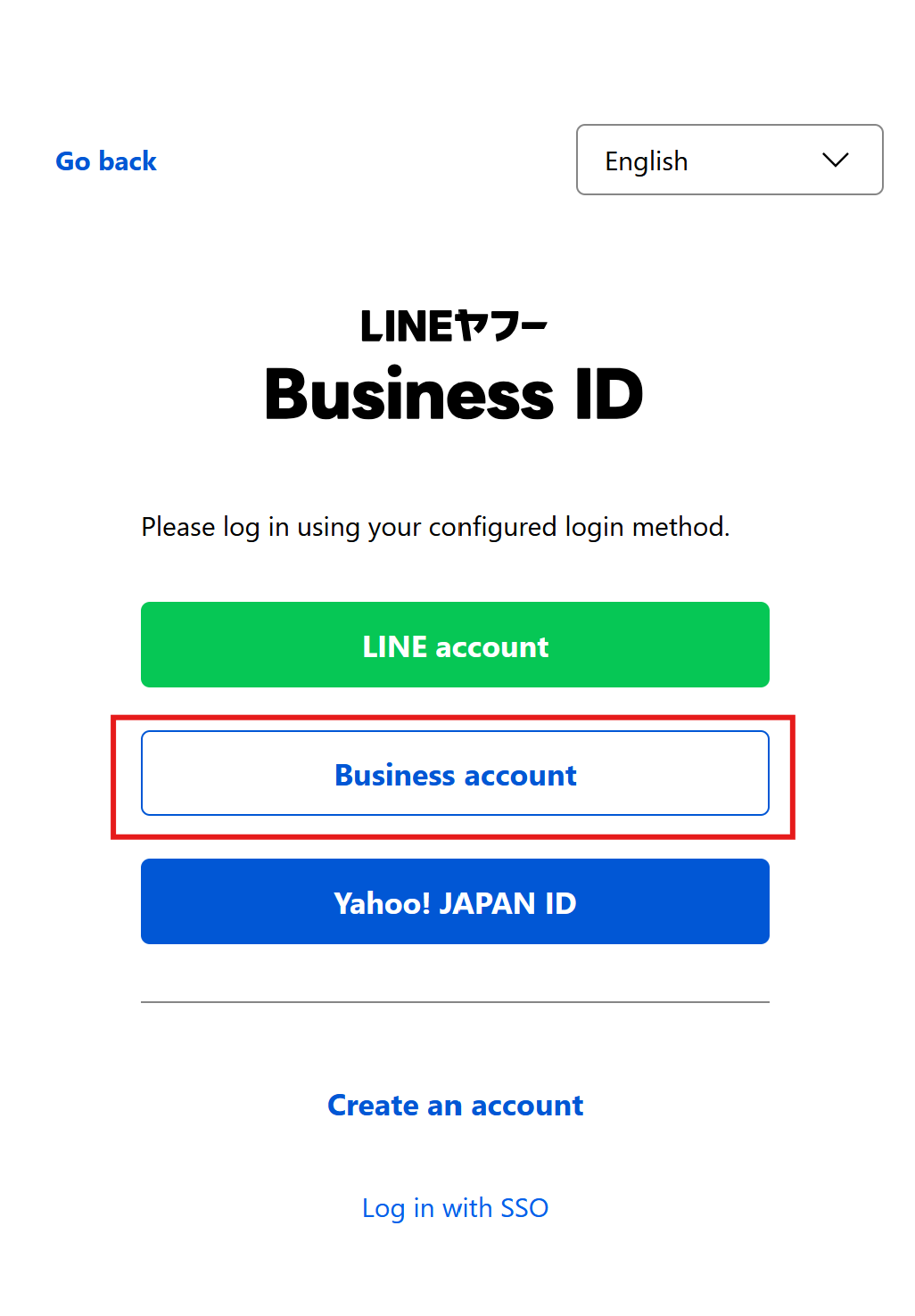 LINE Business ID login screen — choose a login method + Create an account