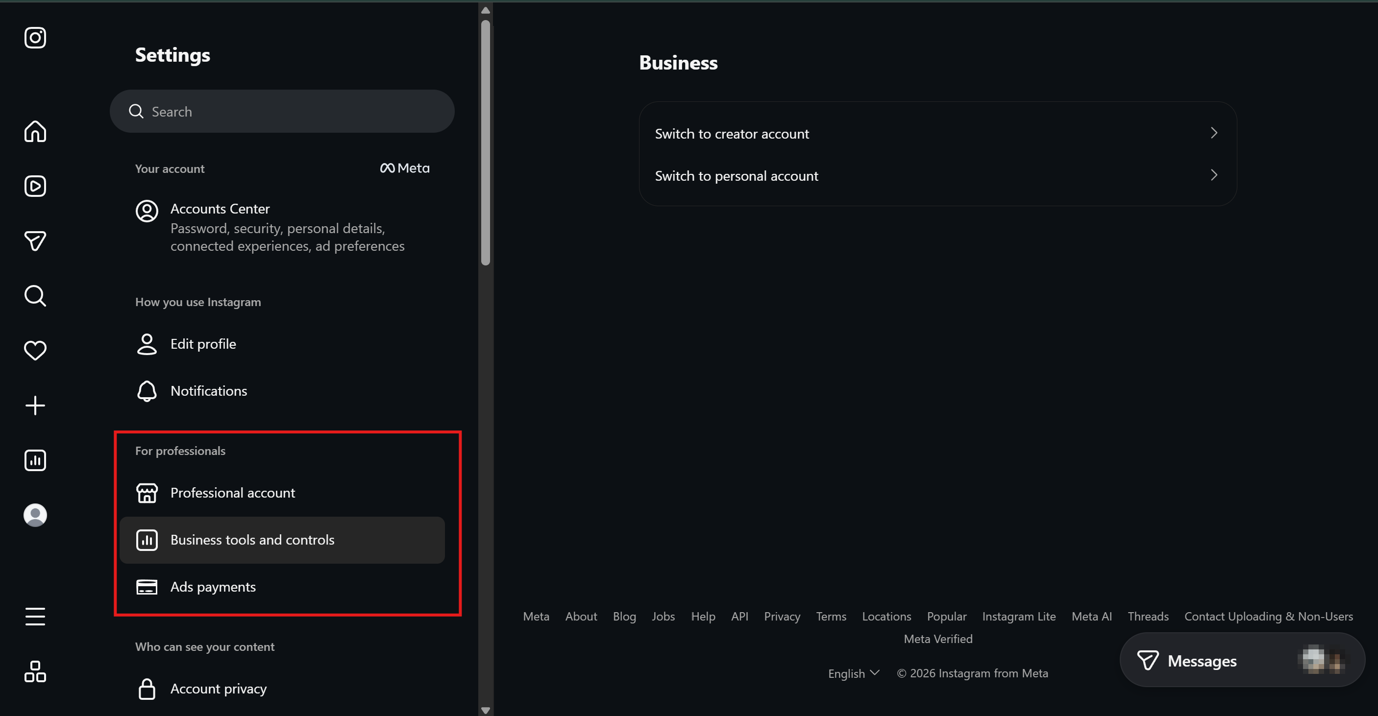 instagram.com Settings — For professionals (Professional account · Business tools and controls)