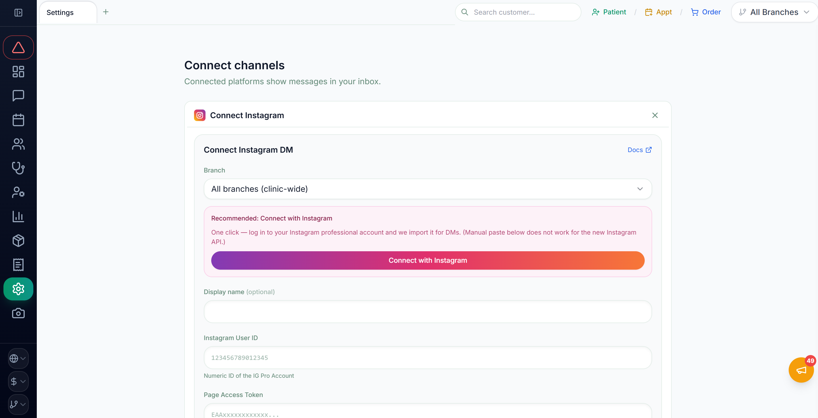 CRM Settings → Channels → the "Connect channel" button on the Instagram card and the branch selection screen (1)